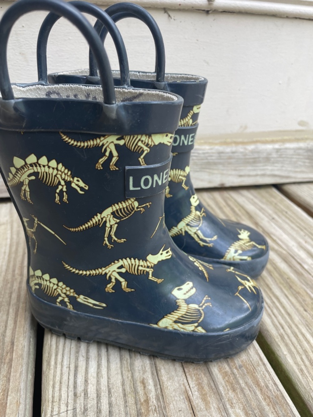 🦕🦖Lone Cone Kids Dinosaur Rain Boots Wellies Navy Yellow Size 5 Waterproof